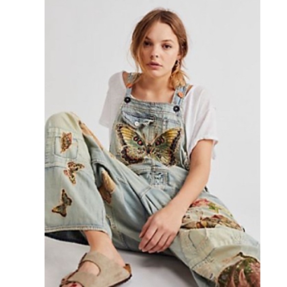 Free People Light Blue Butterfly Overalls